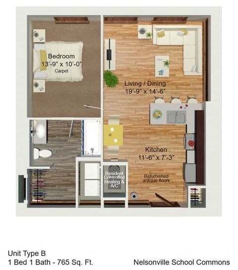Floor plan for 1 bed, 1 bath, 750 sqft